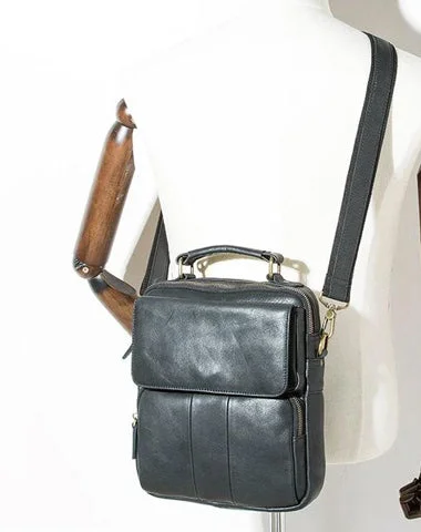 Black Leather Mens Vertical Small Briefcase Work Handbag Side Bag Business Shoulder Bag for Men Timeless Handbags At Reduced Prices