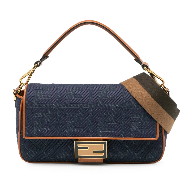 Blue Fendi Zucca Embroidered Denim Baguette Satchel Stylish Totes, Special Discounts