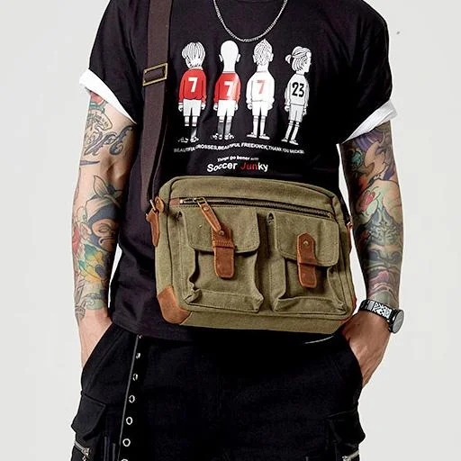 Fashion Canvas Leather Mens Khaki Side Bag Messenger Bags Army Green Canvas Courier Bag for Men Grab Stylish Bags Before They're Gone