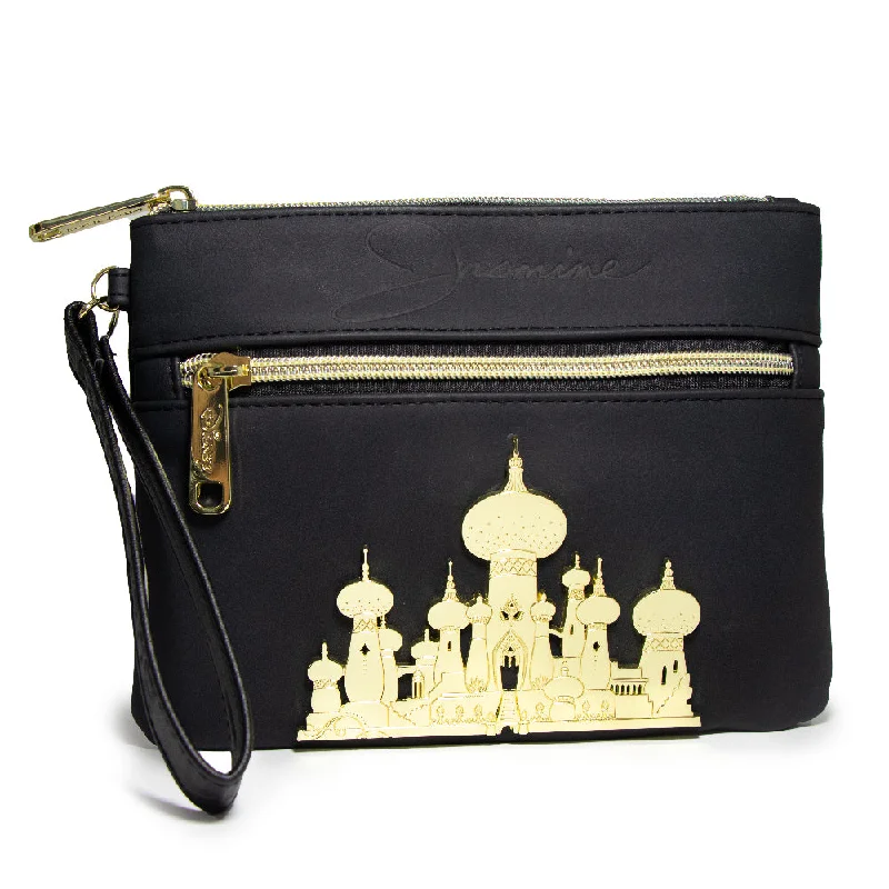 Women's Wallet Double Pocket Wristlet - Aladdin Jasmine Script Debossed Black with Castle Emblem Gold Fashion Bags, Huge Savings