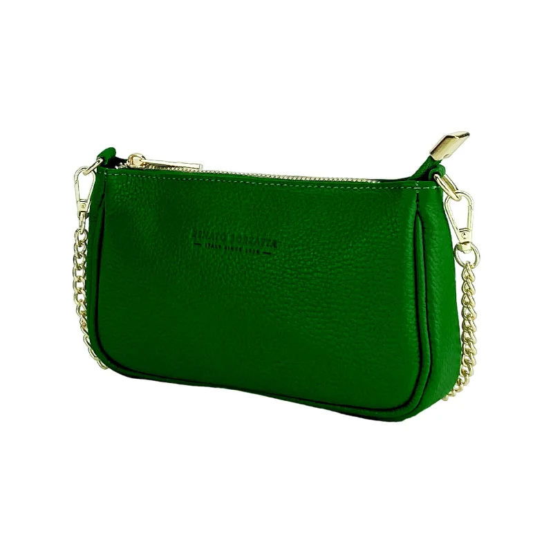 RB1022E | Small bag in genuine leather Made in Italy with removable chain shoulder strap. Zipper closure and shiny gold metal accessories - Green color - Dimensions: 20 x 12 x 6 cm Elegant Bags, Limited Stock Available